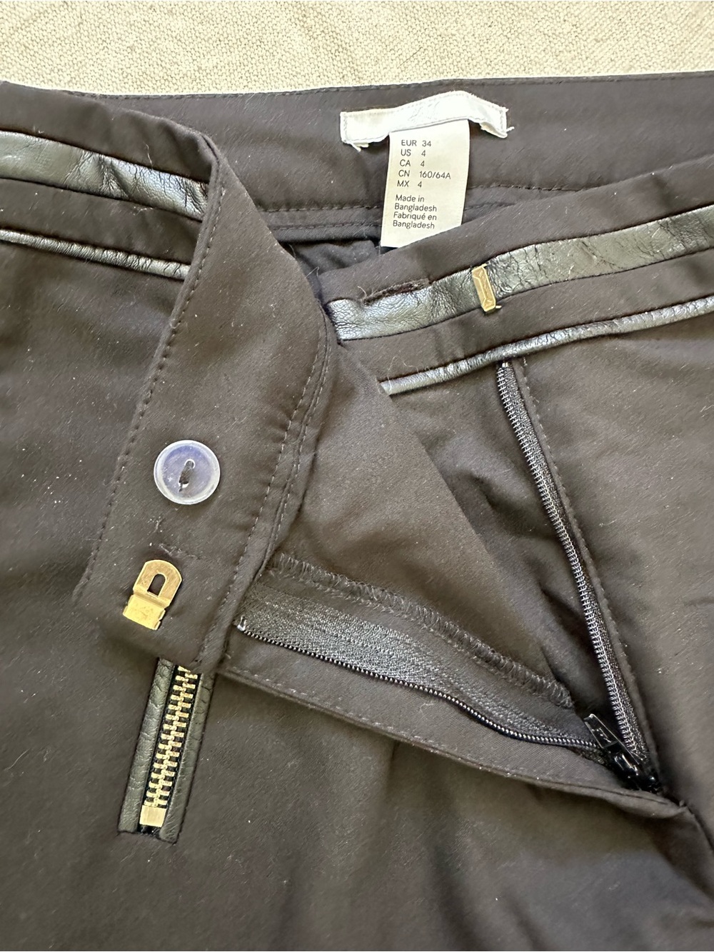 H&M Black Mid-Rise Straight Leg Pants with Faux Leather Trim & Gold Zippers - 4 - Picture 9 of 11